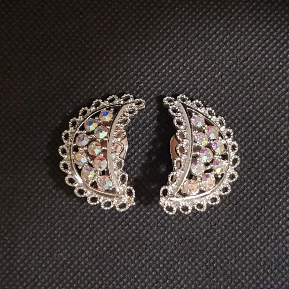 60s Emmons signed Lacy Silver and Aurora Crystal Crescent Moon Clip On Earrings